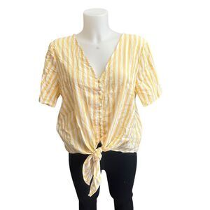 Madewell Agency Tie-Front‎ Button Top V Neck in Pompano Stripe large
